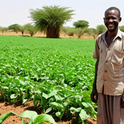 Home 19 **
A lush, green field in Niger with drought-resistant crops thriving under the sun. Modern irrigation systems like drip lines are visible. In the background, a satisfied local farmer smiles, exemplifying food security and sustainable agriculture.
**