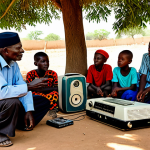A diverse group of Nigerien villagers, including an elderly man, a young woman, and a few children, are gathered attentively around a vintage, battery-powered radio under the shade of a large tree in a vibrant, sunlit rural village. They are listening to a community broadcast about agricultural practices. Each person is fully clothed in modest, traditional Nigerien attire, reflecting local culture and community spirit. The scene emphasizes connection, shared knowledge, and the enduring role of radio in remote areas. Perfect anatomy, correct proportions, natural poses, well-formed hands, proper finger count, natural body proportions. Safe for work, appropriate content, family-friendly, high quality professional photography.