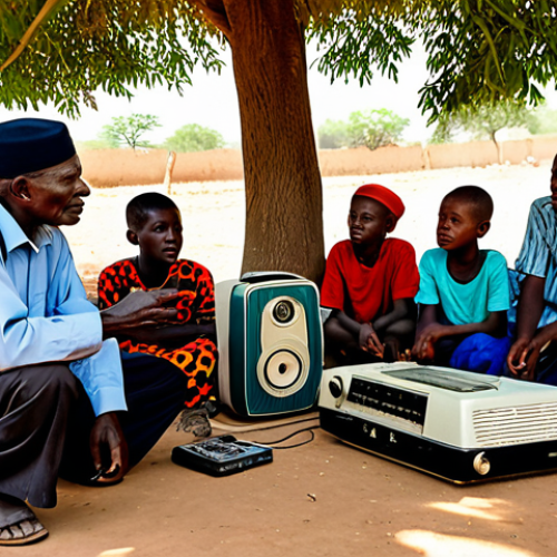 Home 18 A diverse group of Nigerien villagers, including an elderly man, a young woman, and a few children, are gathered attentively around a vintage, battery-powered radio under the shade of a large tree in a vibrant, sunlit rural village. They are listening to a community broadcast about agricultural practices. Each person is fully clothed in modest, traditional Nigerien attire, reflecting local culture and community spirit. The scene emphasizes connection, shared knowledge, and the enduring role of radio in remote areas. Perfect anatomy, correct proportions, natural poses, well-formed hands, proper finger count, natural body proportions. Safe for work, appropriate content, family-friendly, high quality professional photography.