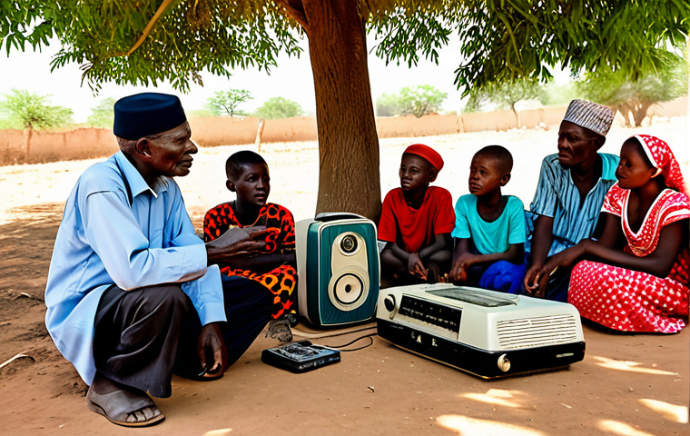 A diverse group of Nigerien villagers, including an elderly man, a young woman, and a few children, are gathered attentively around a vintage, battery-powered radio under the shade of a large tree in a vibrant, sunlit rural village. They are listening to a community broadcast about agricultural practices. Each person is fully clothed in modest, traditional Nigerien attire, reflecting local culture and community spirit. The scene emphasizes connection, shared knowledge, and the enduring role of radio in remote areas. Perfect anatomy, correct proportions, natural poses, well-formed hands, proper finger count, natural body proportions. Safe for work, appropriate content, family-friendly, high quality professional photography.