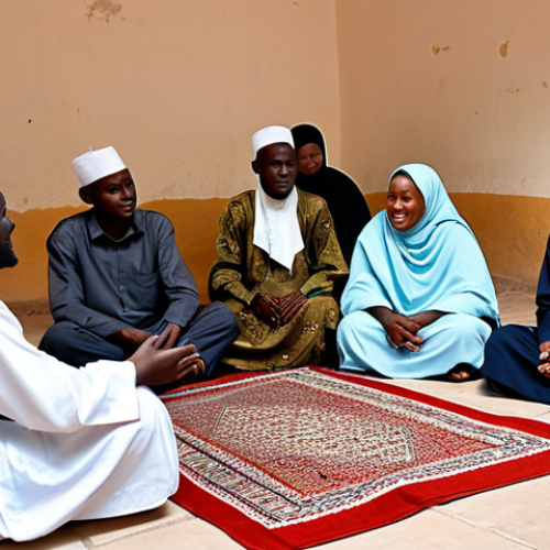 Home 17 Interfaith Dialogue in Niger**
"A group of Nigerien people from different religious backgrounds (Muslim, Christian, traditional beliefs) sitting together in a friendly discussion circle, fully clothed in modest and respectful attire, in a community center setting. The scene emphasizes unity and understanding. Safe for work, appropriate content, professional, perfect anatomy, natural proportions, well-formed hands, family-friendly, bright and welcoming atmosphere."
**