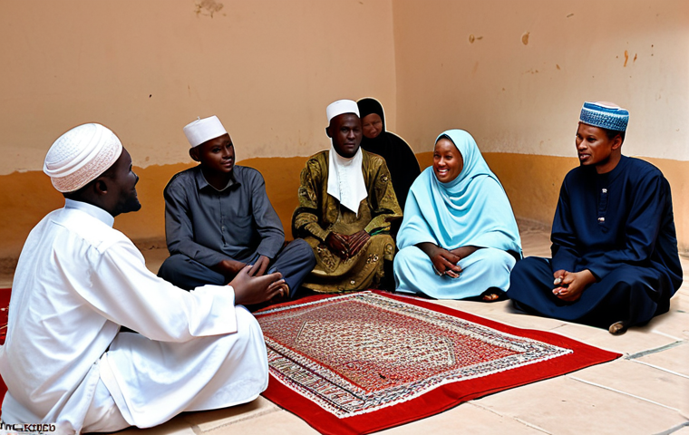 Interfaith Dialogue in Niger**

"A group of Nigerien people from different religious backgrounds (Muslim, Christian, traditional beliefs) sitting together in a friendly discussion circle, fully clothed in modest and respectful attire, in a community center setting. The scene emphasizes unity and understanding. Safe for work, appropriate content, professional, perfect anatomy, natural proportions, well-formed hands, family-friendly, bright and welcoming atmosphere."

**