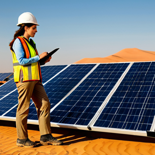 Home 8 **
A professional female engineer in a fully clothed, modest work outfit (khaki pants, button-down shirt, safety vest) inspecting a solar panel array in the Sahara Desert at sunset. Safe for work, appropriate content, perfect anatomy, correct proportions, well-formed hands, natural pose, family-friendly.
**