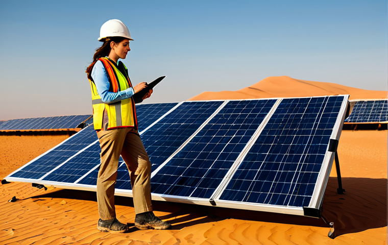 **

A professional female engineer in a fully clothed, modest work outfit (khaki pants, button-down shirt, safety vest) inspecting a solar panel array in the Sahara Desert at sunset. Safe for work, appropriate content, perfect anatomy, correct proportions, well-formed hands, natural pose, family-friendly.

**