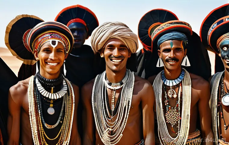 니제르에서의 결혼 문화 및 전통 - **Prompt 1: The Wodaabe Gerewol Festival – Male Beauty Pageant**
    "A group of Wodaabe men, meticu...