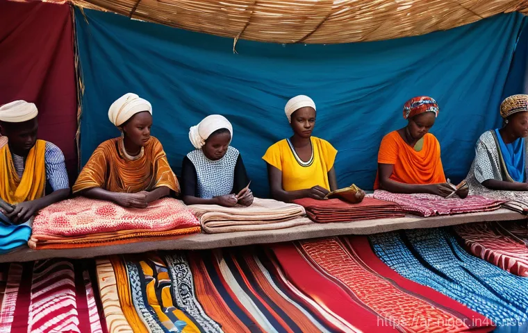 니제르에서 유명한 마켓 및 쇼핑 - **A Bustling Niamey Grand Market Scene:** A vibrant, highly detailed street-level shot inside the Gr...