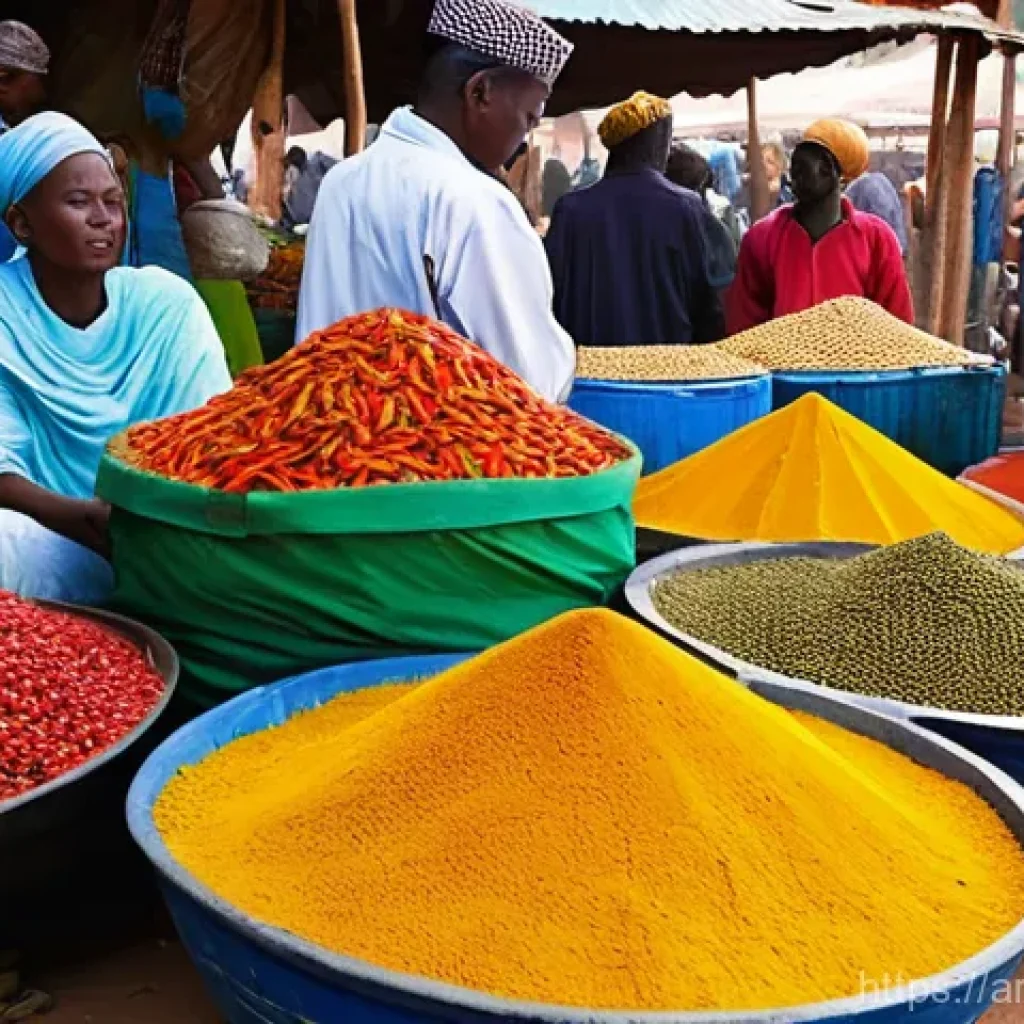니제르 로컬 음식 체험 - **Prompt:** "A bustling and vibrant open-air market scene in a city in Niger. The stalls are overflo...