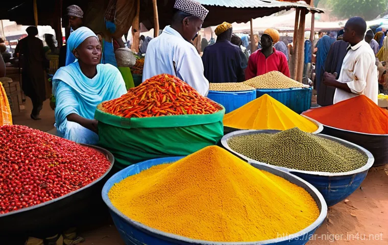 니제르 로컬 음식 체험 - **Prompt:** "A bustling and vibrant open-air market scene in a city in Niger. The stalls are overflo...