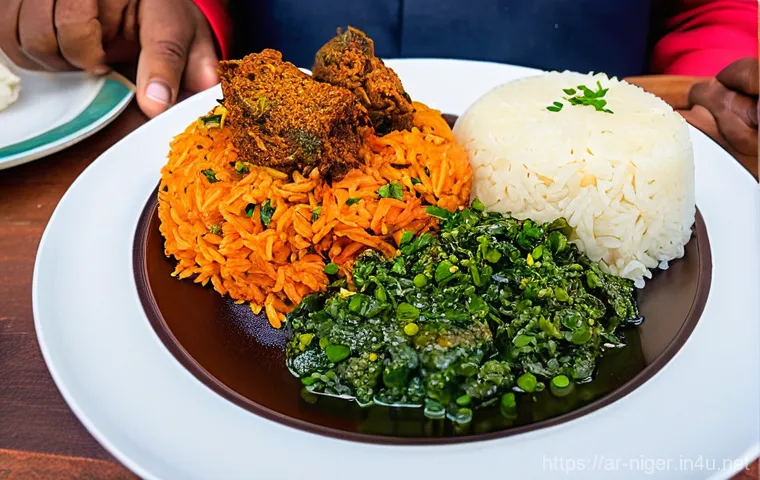 니제르 로컬 음식 체험 - **Prompt:** "A bustling and vibrant open-air market scene in a city in Niger. The stalls are overflo...