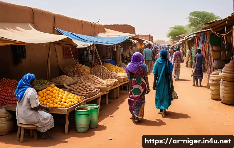 니제르에서 가장 유명한 마을과 도시 - A vibrant urban market scene in Niamey, Niger, showcasing a bustling blend of modern and traditional...