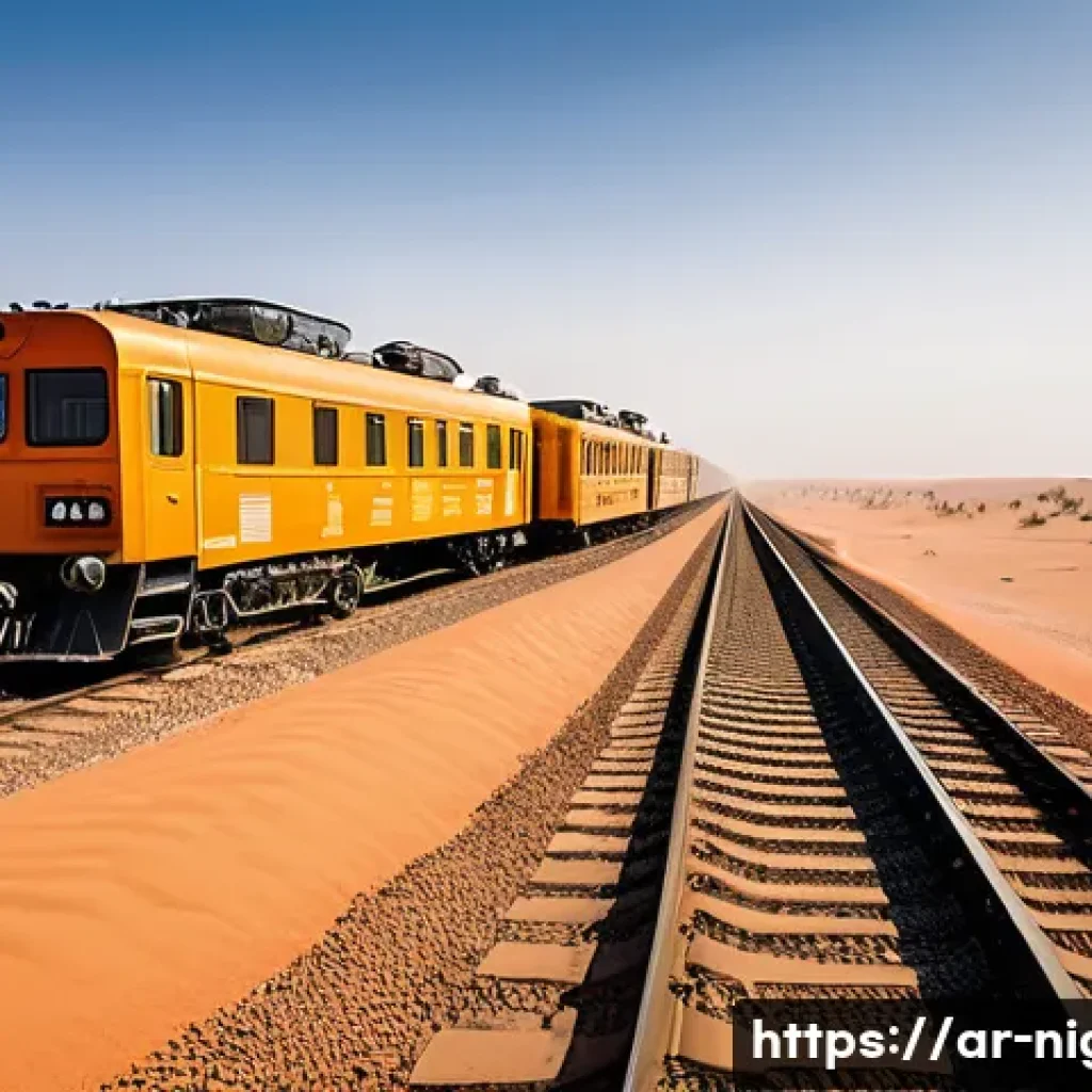 니제르 기차 및 철도 시스템 - A detailed desert railway scene in Niger showcasing a narrow-gauge train traveling through vast Saha...