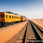 니제르 기차 및 철도 시스템 - A detailed desert railway scene in Niger showcasing a narrow-gauge train traveling through vast Saha...