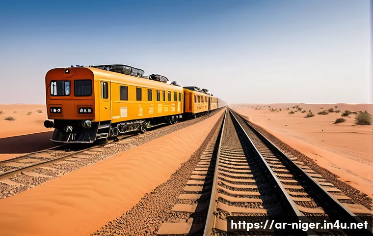 니제르 기차 및 철도 시스템 - A detailed desert railway scene in Niger showcasing a narrow-gauge train traveling through vast Saha...