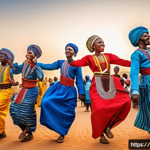 니제르에서 현지 축제 참여 방법 - A vibrant scene of a traditional Nigerien festival dance in the desert town of Tahoua, featuring men...