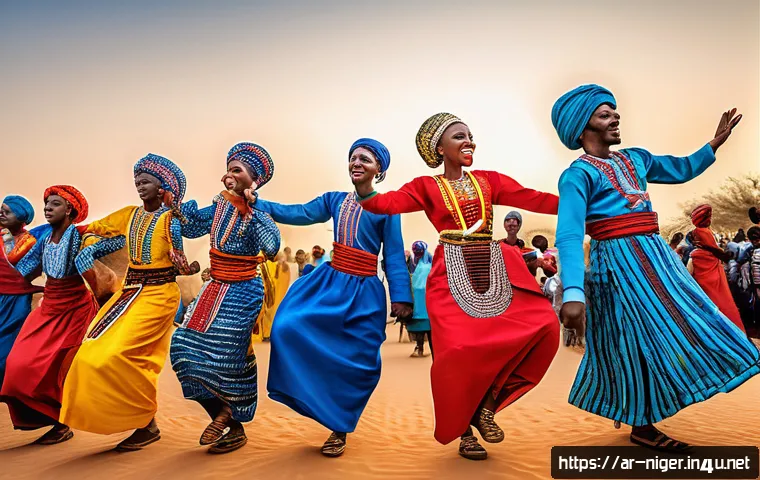 니제르에서 현지 축제 참여 방법 - A vibrant scene of a traditional Nigerien festival dance in the desert town of Tahoua, featuring men...