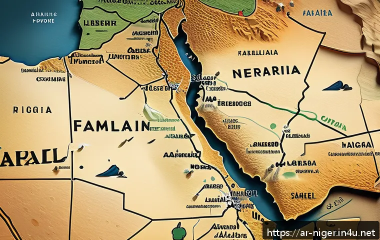 니제르의 주요 정치 이슈 - A detailed map illustration showing the Sahel region with Niger at the center, highlighting internat...