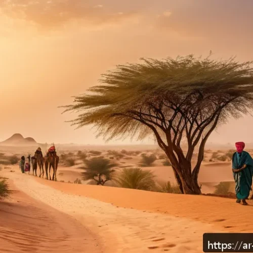 니제르에서 가이드 투어와 자유 여행 비교 - A detailed scene of a guided tour in Niger&rsquo;s desert landscape during golden hour, featuring a local ...
