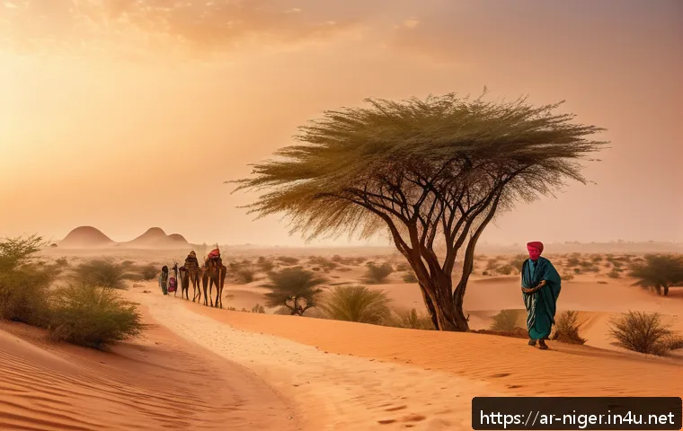 니제르에서 가이드 투어와 자유 여행 비교 - A detailed scene of a guided tour in Niger&rsquo;s desert landscape during golden hour, featuring a local ...