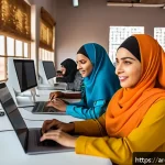 니제르의 IT 및 기술 산업 현황 - A bustling digital innovation hub in Niamey, Niger, featuring young Arab men and women wearing modes...