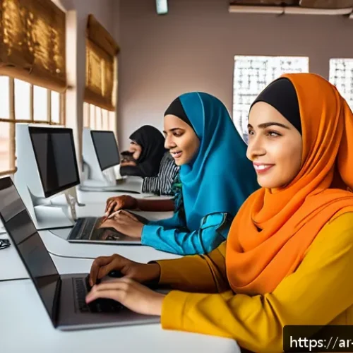 니제르의 IT 및 기술 산업 현황 - A bustling digital innovation hub in Niamey, Niger, featuring young Arab men and women wearing modes...