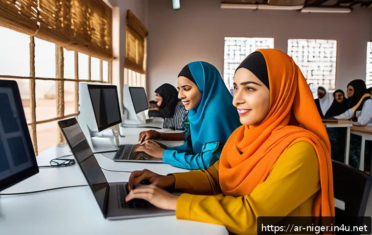 니제르의 IT 및 기술 산업 현황 - A bustling digital innovation hub in Niamey, Niger, featuring young Arab men and women wearing modes...