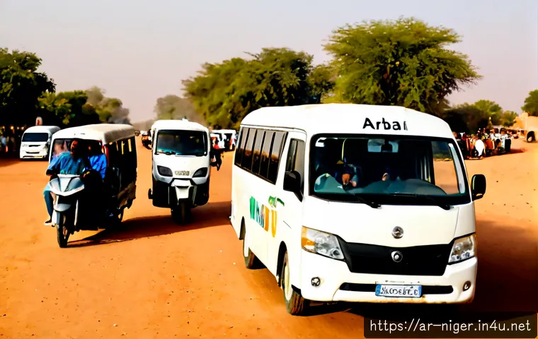 니제르 교통수단 및 이동 방법 - Photorealistic travel scene in Niamey, Niger, a clean shared white minibus waiting beside a wide dus...